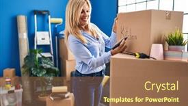  Presentation with writing - PPT layouts enhanced with middle-age-blonde-woman-smiling background and a coral colored foreground