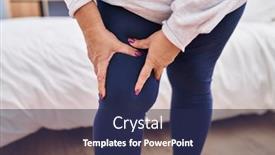  Presentation with knee - PPT theme with middle-age-blonde-woman-touching background and a navy blue colored foreground