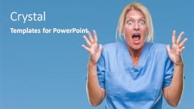  Presentation with frustration - Beautiful PPT theme featuring middle age blonde woman wearing doctor nurse uniform over isolated background crazy and mad shouting and yelling with aggressive expression and arms raised frustration concept backdrop and a teal colored foreground