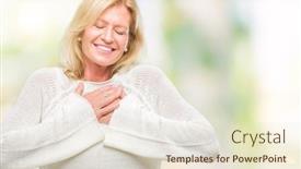  Presentation with arabian woman wearing hijab muslim - PPT theme featuring middle age blonde woman wearing winter sweater isolated background smiling with hands on chest with closed eyes and grateful gesture on face health concept background and a lemonade colored foreground