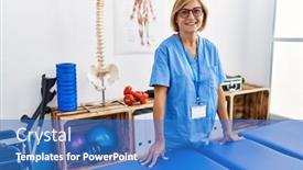  Presentation with physiotherapist - PPT theme consisting of middle-age-blonde-woman-wearing background and a teal colored foreground