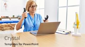  Presentation with physio therapy - Presentation theme having middle-age-blonde-woman-wearing background and a lemonade colored foreground