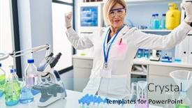  Presentation with working - Slide set consisting of middle-age-blonde-woman-working background and a light blue colored foreground