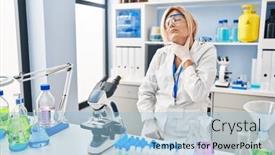  Presentation with sore throat - PPT theme enhanced with middle-age-blonde-woman-working background and a light blue colored foreground