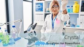  Presentation with mad scientist - Slide deck featuring middle-age-blonde-woman-working background and a light blue colored foreground