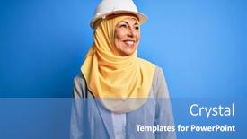  Presentation with woman muslim - Amazing PPT theme having middle-age-brunette-architect-woman backdrop and a teal colored foreground