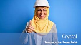  Presentation with camera security - Beautiful presentation design featuring middle-age-brunette-architect-woman backdrop and a teal colored foreground