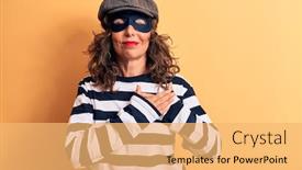  Presentation with face mask - Cool new slide set with middle-age-brunette-burglar-woman backdrop and a yellow colored foreground