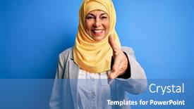  Presentation with blue handshake - Beautiful presentation design featuring middle-age-brunette-business-woman backdrop and a teal colored foreground