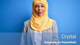  Presentation with simple business - Colorful theme enhanced with middle-age-brunette-business-woman backdrop and a teal colored foreground