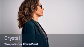  Presentation with business profile - PPT theme with middle-age-brunette-business-woman background and a navy blue colored foreground