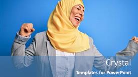  Presentation with traditional music - Slide deck having middle-age-brunette-business-woman background and a teal colored foreground