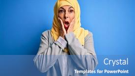  Presentation with hijab - PPT theme consisting of middle-age-brunette-business-woman background and a teal colored foreground