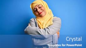  Presentation with self care - Beautiful presentation theme featuring middle-age-brunette-business-woman backdrop and a teal colored foreground