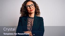  Presentation with thinking - Cool new slide deck with middle-age-brunette-business-woman backdrop and a navy blue colored foreground