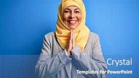  Presentation with hijab - Presentation theme consisting of middle-age-brunette-business-woman background and a teal colored foreground