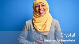  Presentation with woman muslim - Amazing slide deck having middle-age-brunette-business-woman backdrop and a teal colored foreground