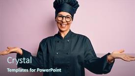  Presentation with comparison - Slide set with middle-age-brunette-chef-woman background and a navy blue colored foreground