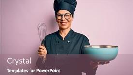  Presentation with chef - Theme having middle-age-brunette-chef-woman background and a violet colored foreground