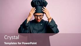  Presentation with pair of hands - PPT theme featuring middle-age-brunette-chef-woman background and a coral colored foreground