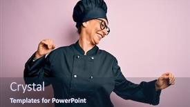  Presentation with listening woman - Audience pleasing presentation theme consisting of middle-age-brunette-chef-woman backdrop and a navy blue colored foreground