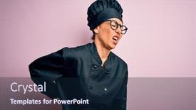  Presentation with hand wrist pain - Slide set consisting of middle-age-brunette-chef-woman background and a navy blue colored foreground