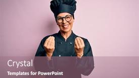  Presentation with business pink - Beautiful theme featuring middle-age-brunette-chef-woman backdrop and a coral colored foreground