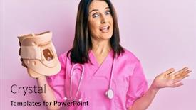  Presentation with cervical - PPT layouts having middle-age-brunette-doctor-woman background and a coral colored foreground
