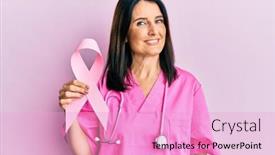  Presentation with cancer - Presentation design enhanced with middle-age-brunette-doctor-woman background and a lavender colored foreground
