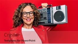  Presentation with 60s 70s music retro - Colorful presentation theme enhanced with middle-age-brunette-hipster-woman backdrop and a red colored foreground