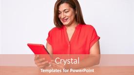  Presentation with standing sitting - Amazing presentation theme having middle-age-brunette-hispanic-woman backdrop and a coral colored foreground