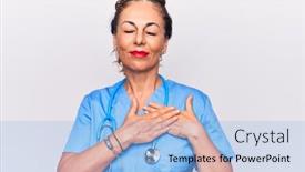  Presentation with nurse - Slide deck with middle-age-brunette-nurse-woman background and a light blue colored foreground
