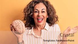  Presentation with brain memory - Audience pleasing slide deck consisting of middle-age-brunette-woman-asking backdrop and a lemonade colored foreground