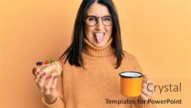  Presentation with eating - Amazing presentation theme having middle-age-brunette-woman-eating backdrop and a yellow colored foreground