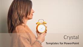  Presentation with clock face - Amazing PPT theme having middle-age-brunette-woman-holding backdrop and a lemonade colored foreground