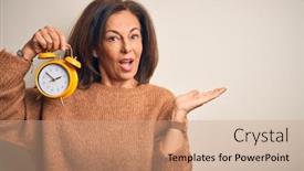  Presentation with clasic - PPT theme having middle-age-brunette-woman-holding background and a coral colored foreground