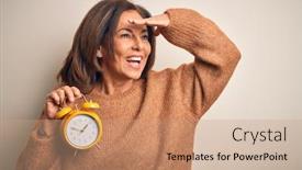  Presentation with far away - Slides enhanced with middle-age-brunette-woman-holding background and a coral colored foreground