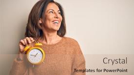  Presentation with clasic - Colorful slides enhanced with middle-age-brunette-woman-holding backdrop and a coral colored foreground