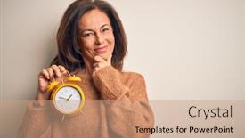  Presentation with clasic - PPT layouts featuring middle-age-brunette-woman-holding background and a coral colored foreground
