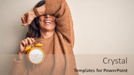  Presentation with clasic - Amazing theme having middle-age-brunette-woman-holding backdrop and a coral colored foreground