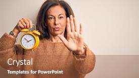  Presentation with clock face - Theme having middle-age-brunette-woman-holding background and a red colored foreground