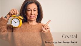  Presentation with clasic - PPT theme having middle-age-brunette-woman-holding background and a coral colored foreground