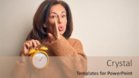  Presentation with clasic - Audience pleasing PPT layouts consisting of middle-age-brunette-woman-holding backdrop and a coral colored foreground
