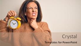  Presentation with clasic - Cool new PPT theme with middle-age-brunette-woman-holding backdrop and a coral colored foreground