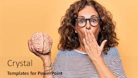  Presentation with mental care - Cool new PPT layouts with middle-age-brunette-woman-holding backdrop and a yellow colored foreground