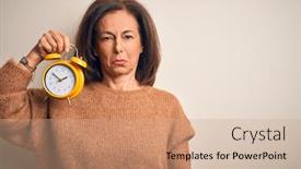  Presentation with clasic - Cool new slide deck with middle-age-brunette-woman-holding backdrop and a coral colored foreground