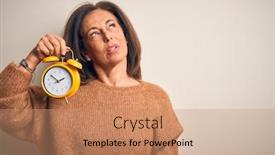  Presentation with clasic - Slide set featuring middle-age-brunette-woman-holding background and a coral colored foreground