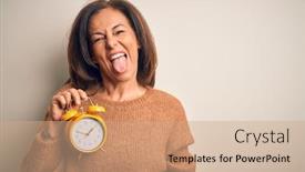  Presentation with clasic - Cool new PPT layouts with middle-age-brunette-woman-holding backdrop and a coral colored foreground