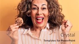  Presentation with cookie - Amazing presentation theme having middle-age-brunette-woman-holding backdrop and a coral colored foreground