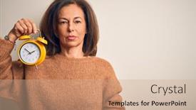  Presentation with clasic - Presentation having middle-age-brunette-woman-holding background and a coral colored foreground